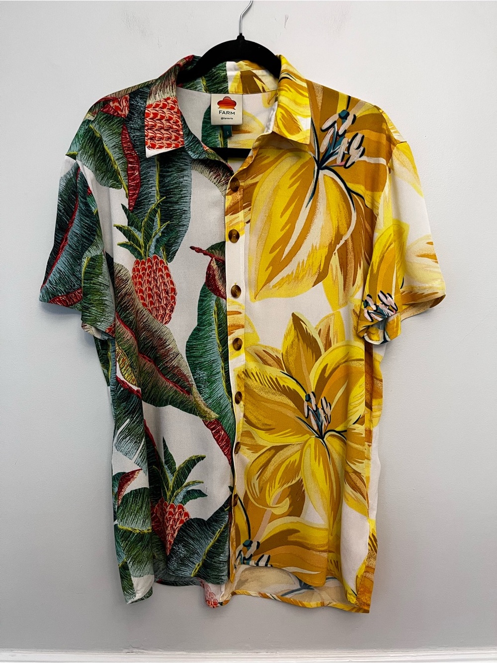 FARM Rio Tropical Button Down Split Pattern Shirt, Size Small